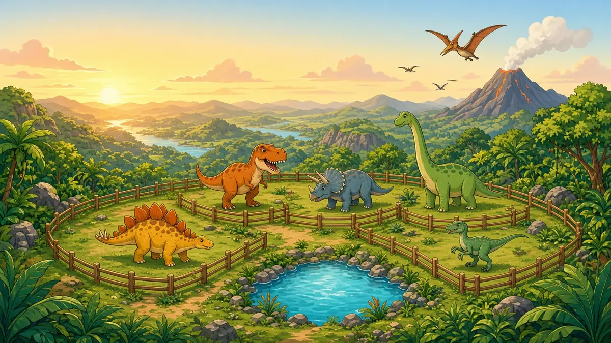 Dino Dynasty cover: dinosaurs in a jungle park